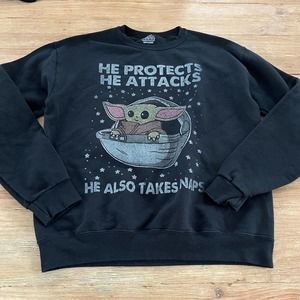 Star Wars Baby Yoda He Protects He Attacks Naps Crew Neck Sweatshirt L Womens